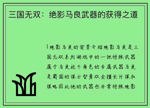 三国无双：绝影马良武器的获得之道